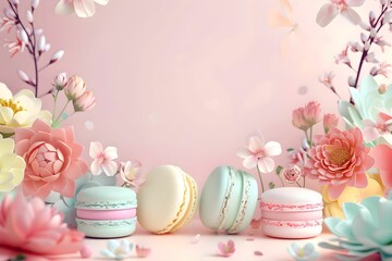 Fototapeta na wymiar pastel background with French macarons for banners, cards, flyers, social media wallpapers
