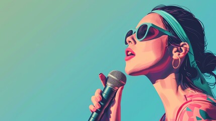Confident young woman with blue sunglasses and green headband singing into a microphone against a...