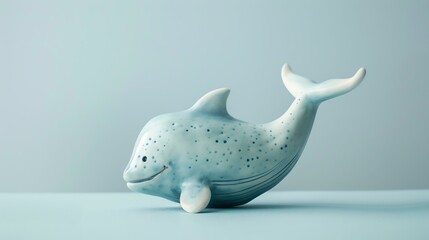 This is a 3D rendering of a blue and white ceramic dolphin figurine. It is standing on a blue table with a blue background.