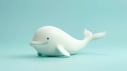 3D rendering of a cute and simple white whale on a blue background. The whale is smiling and looks happy.