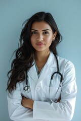 portrait of a young female indian doctor on light blue studio background
