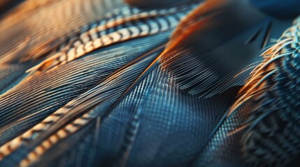 Blue and brown feather texture close up. Soft and detailed. - obrazy, fototapety, plakaty