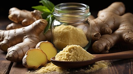 Fototapeta premium Ginger root spice, root, slices and powder on the table