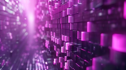 3D rendering of a futuristic tunnel made of glowing purple cubes.