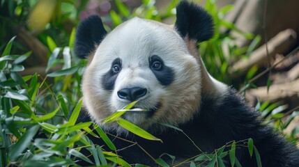 giant panda, lounging lazily amidst bamboo shoots
