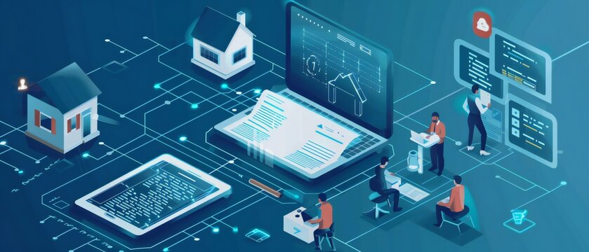Isometric view of real estate digital project with 3D house models and coding on devices.