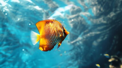 Fototapeta na wymiar A beautiful orange and yellow fish swims in the deep blue sea. The fish has long, flowing fins and a bright yellow tail.