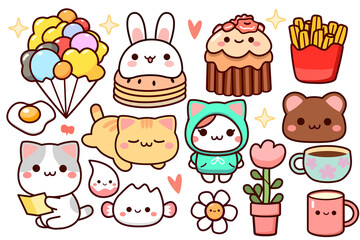 Set of cute kawaii emoticon character cat food animal flower dessert stickers