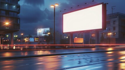 City at night with a blank billboard. There are cars passing by on the wet road. The buildings are tall and the lights are on. - obrazy, fototapety, plakaty