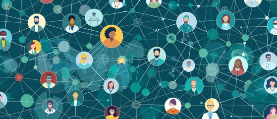 illustration of a healthcare network with medical professionals connected. Healthcare system concept