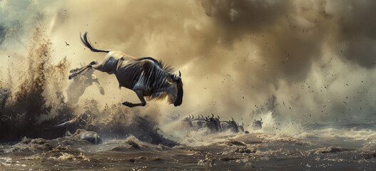 Photo of an intense moment as wildebeest jump into the river during their great migration - obrazy, fototapety, plakaty