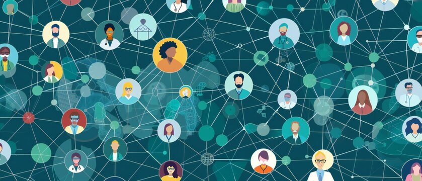 illustration of a healthcare network with medical professionals connected. Healthcare system concept