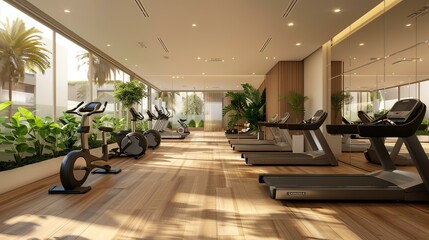 The image shows a modern fitness center with large windows, wooden floors, and a variety of exercise equipment.