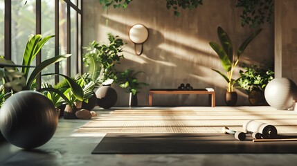 A yoga studio with a large window, a wooden floor, and a variety of yoga props. The space is bright and airy, with a calming atmosphere.