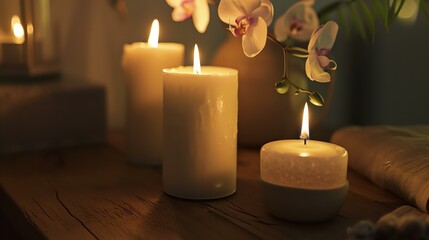 This is a relaxing spa scene with white orchids and white candles on a wooden table. The candles are lit and there is a soft glow in the background.