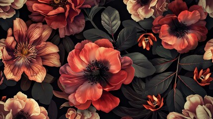 Beautiful floral pattern with red, pink and cream colored flowers. The flowers are set against a dark green background.