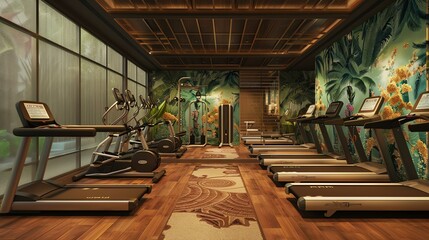 The image shows a fitness center with a variety of exercise equipment.