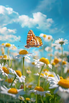 Butterfly on a daisy in a field under a blue sky, a symbol of grace and the beauty of nature, Concept of growth, ecological balance, and the simplicity of the natural world
