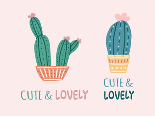 Hand-drawn vector cacti set with calligraphy, lettering. Flat style graphic design of spiny plants, blooming cacti, succulent plants in colorful ceramic pots. Home plants, mexico cactus, banner