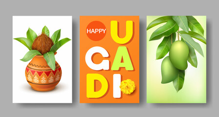 Collection of cards for Indian New Year (and harvest) festival Ugadi (Yugadi, Gudi Padwa). Template for greeting, advertising. Vector set. - obrazy, fototapety, plakaty