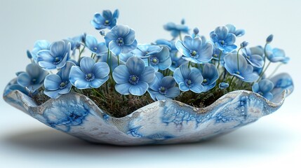3D render of forgetmenots in a delicate porcelain flower pod, clipart isolated on a white background