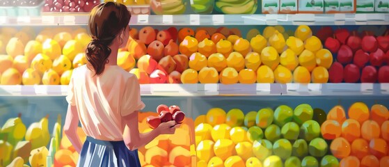 Vibrant digital painting of a woman selecting fruits in a grocery store. Healthy lifestyle nutrition