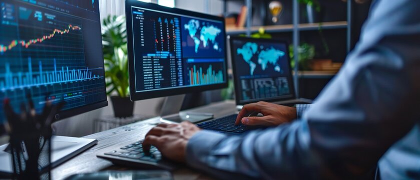 Focused programmer coding on multiple computer screens in dark office. development concept