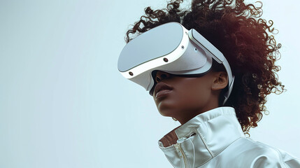 black woman wearing white VR glasses headset, futuristic outfit, minimalist, on white background, ai assistance