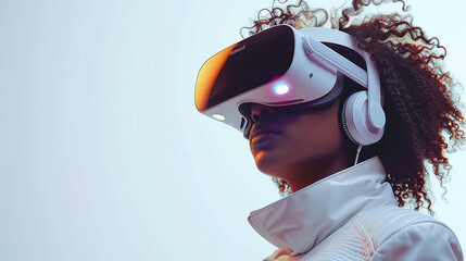 black woman wearing white VR glasses headset, futuristic outfit, minimalist, on white background, ai assistance