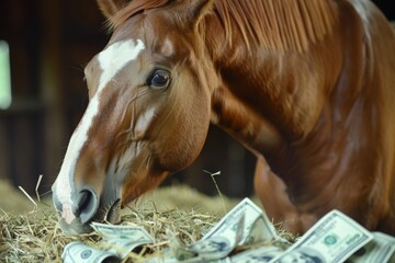 A brown horse stands beside a stack of money in a field