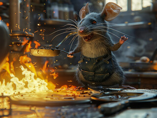 A determined rat chefs up a storm, skillfully cooking over a table fire, an unlikely culinary master. - obrazy, fototapety, plakaty