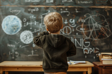 Back view of a child writes with chalk on a blackboard solution of an example in mathematics. Elementary school math lesson.