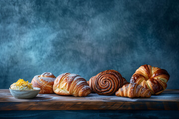 delicious baked goods, variety of danish, croissant, on a table in style of still life, on a dark blue background, realistic texturesomposition at the bottom