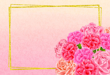 薔薇とカーネーションのフレーム背景　母の日　素材　飾り枠　表紙　見出し　ブーケ　メッセージカード　ポスター　ギフト　おしゃれ　レース