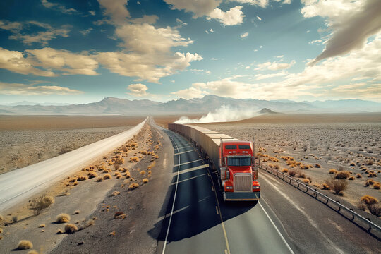 Transportation logistics cargo by road train in Australian desert AI Generative