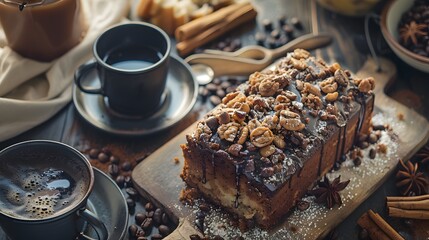 coffee cake. delicious cake made with coffee and decorated with beans