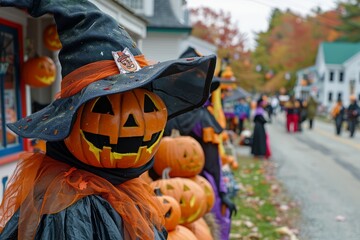 Festive Halloween Decorations with Jack o' lanterns and Witch Figurines on a Small Town Street