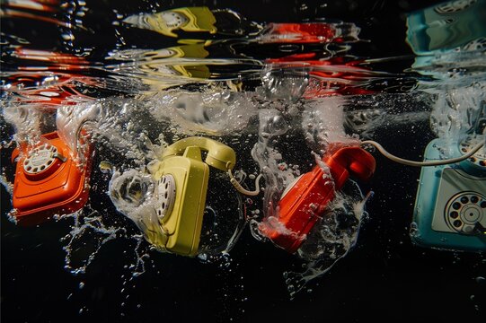 An old style of telephone from the outdated technology gadget, is being dumped and is floating in the water as a trash which is toxic for environment