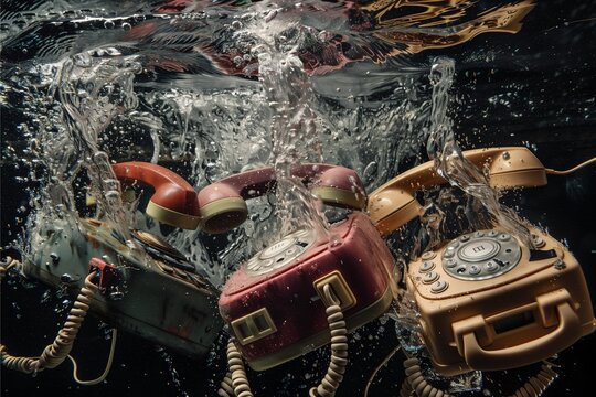 An old style of telephone from the outdated technology gadget, is being dumped and is floating in the water as a trash which is toxic for environment