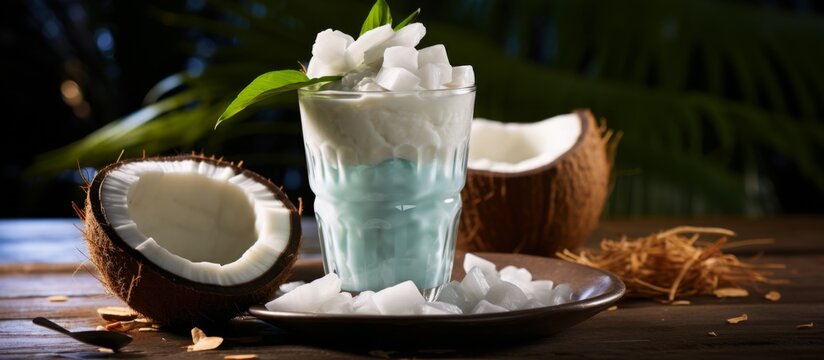 A glass of coconut water with ice cubes and coconut slices on a wooden table, showcasing the natural beauty of this refreshing liquid drink