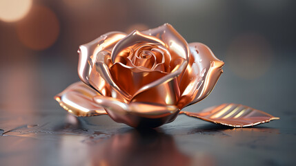 A delicious copper rose metal flower sits on a table. - obrazy, fototapety, plakaty