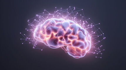 3D Human Brain With Connection Dots And Plexus Lines. Artificial Intelligence And Deep Learning Concept. 3D Rendering