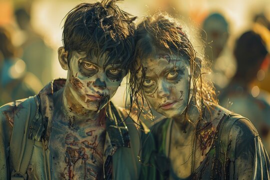 Eerie Zombie Couple with Gruesome Makeup Posing in a Spooky Setting, Perfect for Halloween or Horror Themes