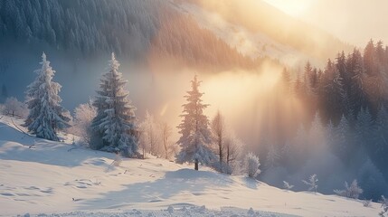 Incredible winter landscape with snowcapped pine trees under bright sunny light in frosty morning. Amazing nature scenery in winter mountain valley. Awesome natural Background. - Powered by Adobe
