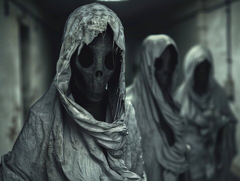 Tormented Asylum Spirits  Wraith-like apparitions with hollow eyes and tattered clothing, their ethereal forms flickering and phasing as they seek vengeance upon the living
