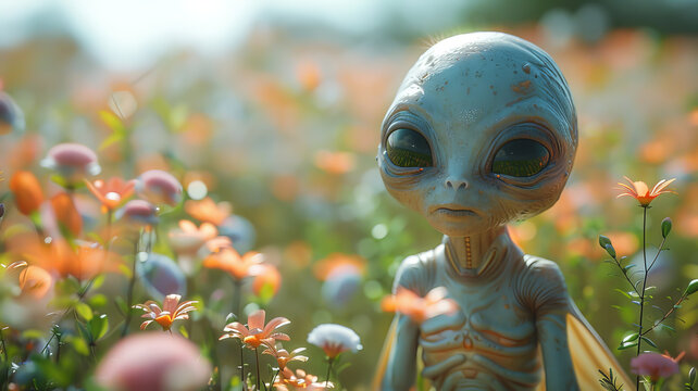 Hand-drawn, friendly alien encounter, pastel spaceship garden