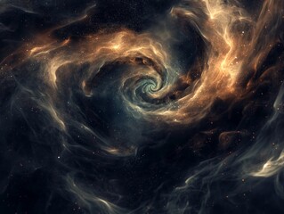 Artistic representation of a swirling galaxy amidst clouds of interstellar dust and stars.