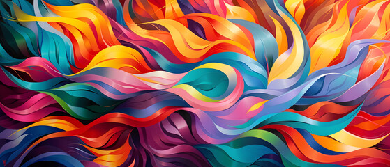 A vibrant abstract painting of colorful waves against a black background.