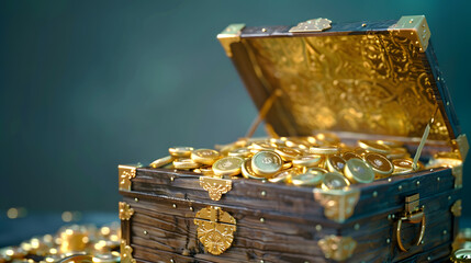 A wooden treasure chest overflowing with gold coins.
