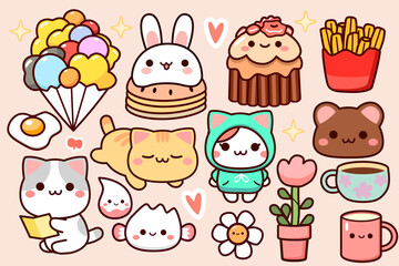 Set of cute kawaii emoticon character cat food animal flower dessert stickers